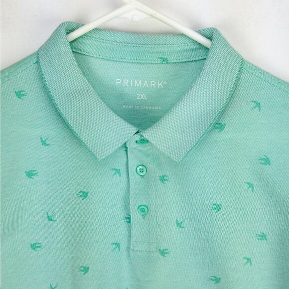 Primark Polo Men's 2XL Shirt Short Sleeve Cotton Mint Green Checks Birds NWT - Picture 2 of 11